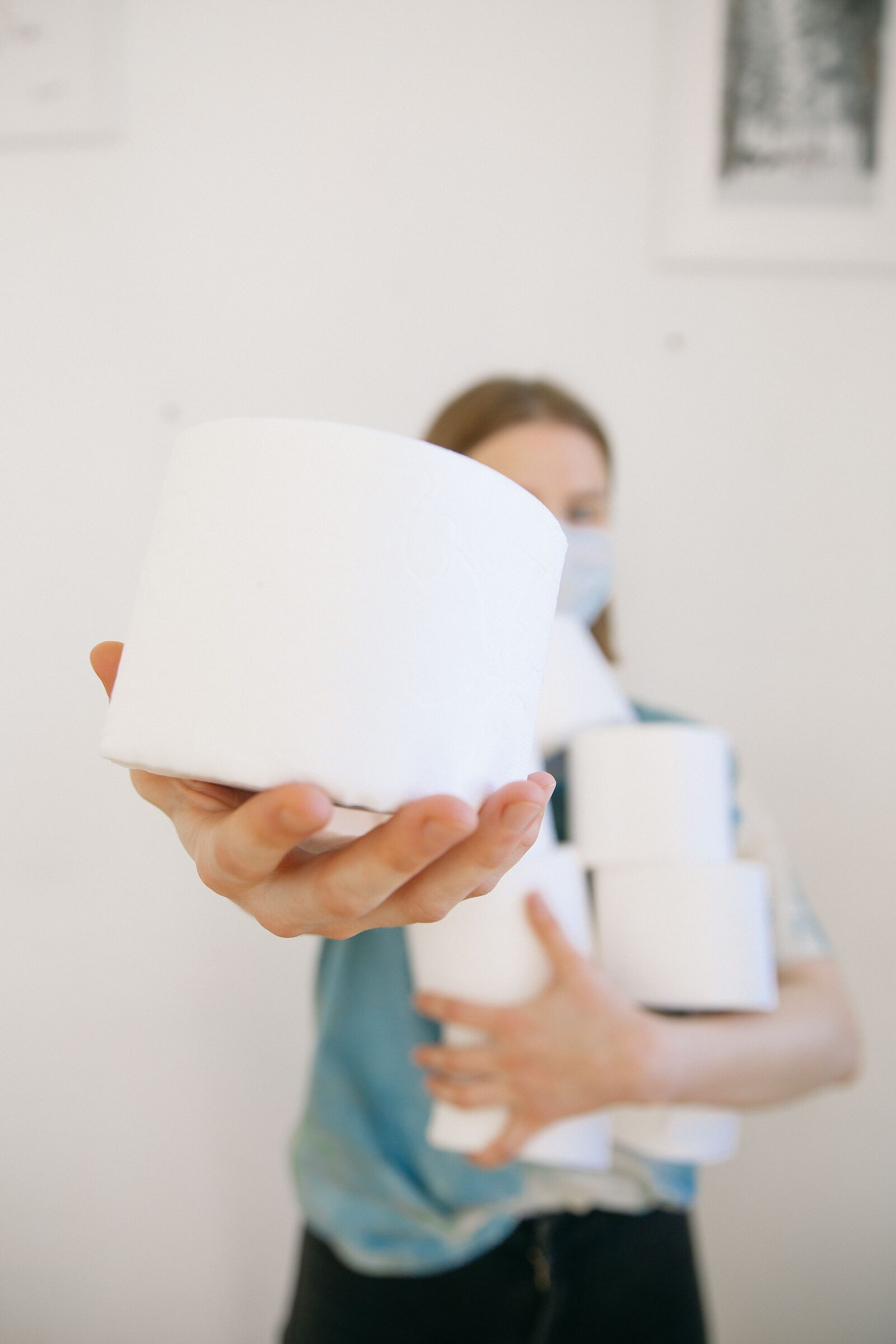 Fresh hygiene supplies stocked inside a deluxe portable toilet