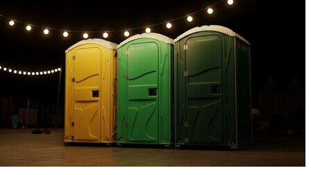 Portable restrooms staged for a nighttime festival in San Diego County