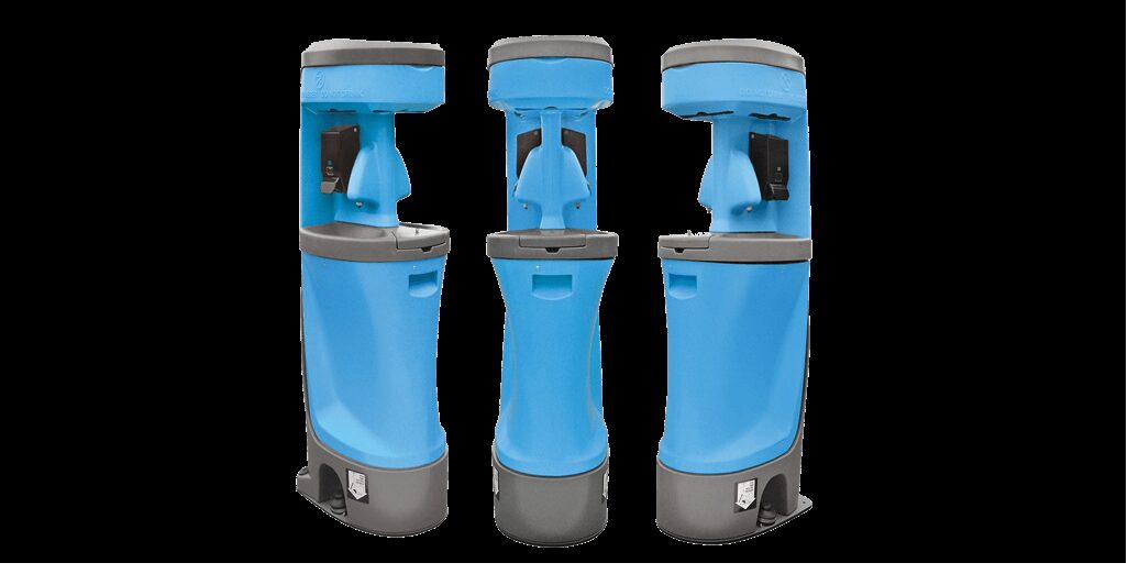 Studio view of a portable hand wash station with foot-pump faucet