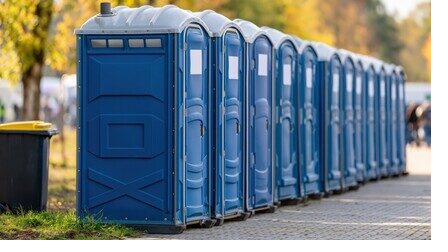 Row of blue portable restrooms staged in a San Diego County park