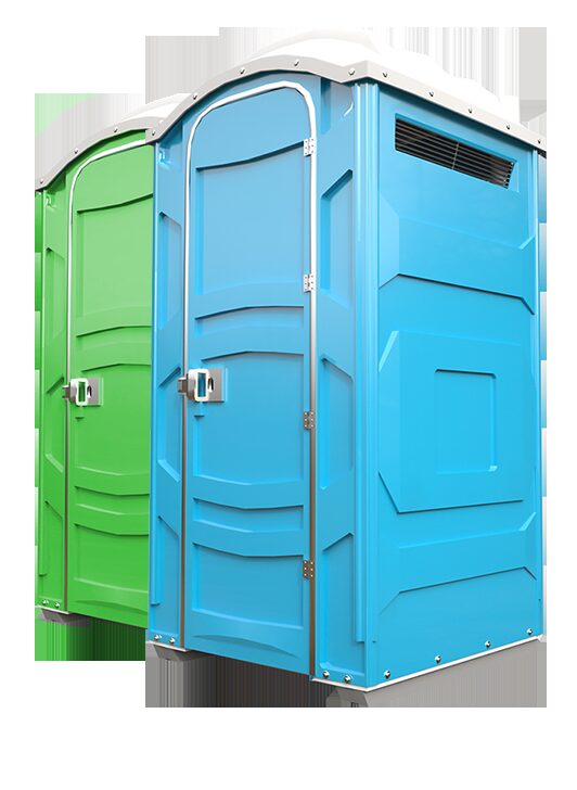 Two deluxe flushable portable toilet units shown side by side in a studio setting