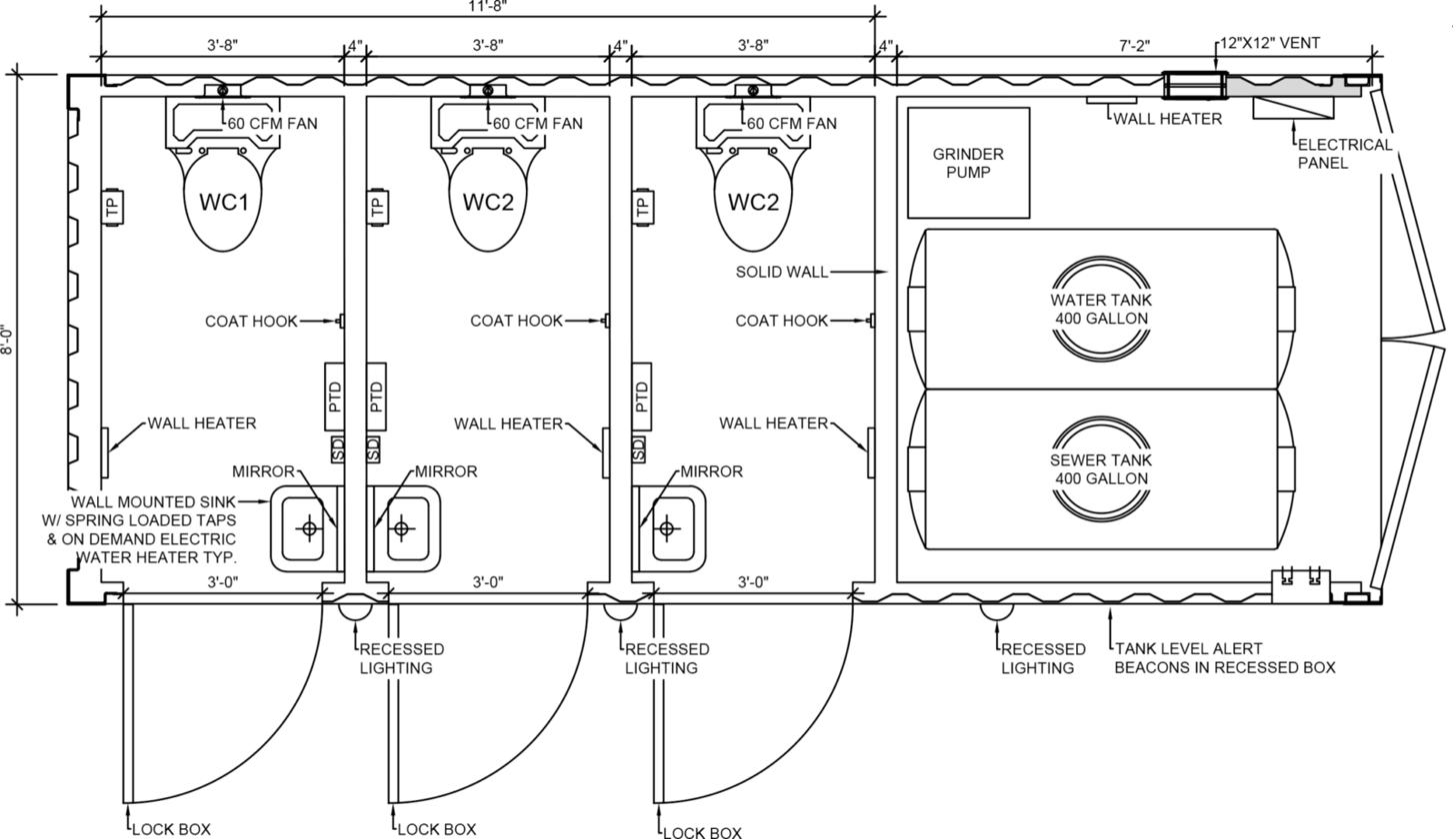 Portable restroom unit spec sheet and blueprint diagram