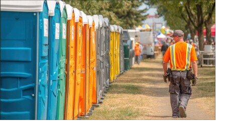Row of portable restrooms staged for an outdoor event in El Cajon